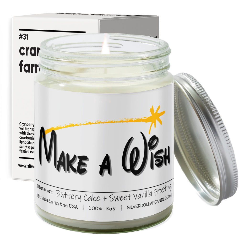 'Make A Wish' Birthday Candle - 9oz All Natural Soy Wax Candle, Essence of Sweet Vanilla & Buttery Cake, Cotton Wick, in Recyclable Glass