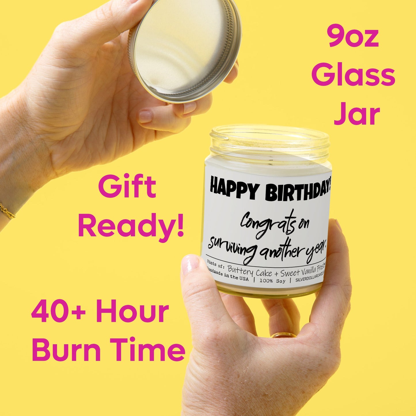'Happy Birthday! Congrats on surviving another year' - All Natural 9oz Birthday Cake Soy Wax Candle, Sweet Vanilla Frosting & Buttery Cake Aroma, Handcrafted - Silver Dollar Candle Co all natural soy candle