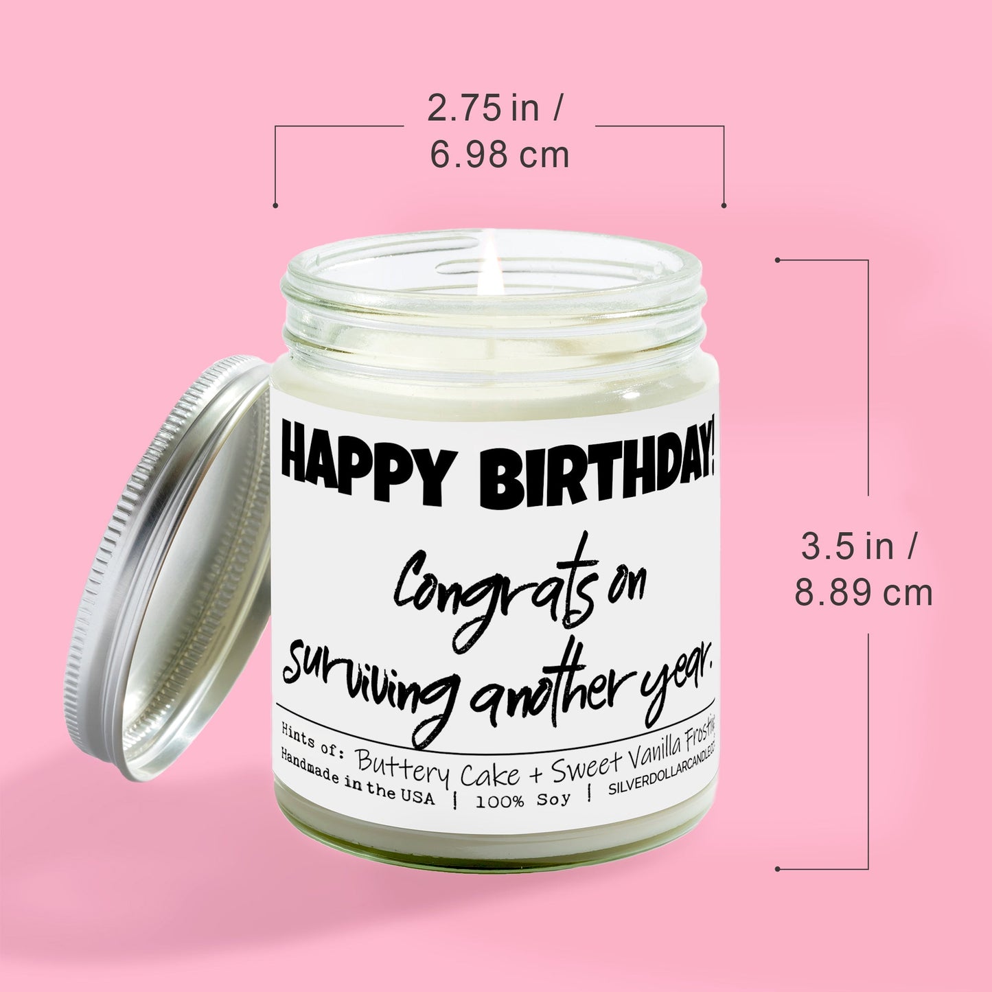 'Happy Birthday! Congrats on surviving another year' - All Natural 9oz Birthday Cake Soy Wax Candle, Sweet Vanilla Frosting & Buttery Cake Aroma, Handcrafted - Silver Dollar Candle Co all natural soy candle