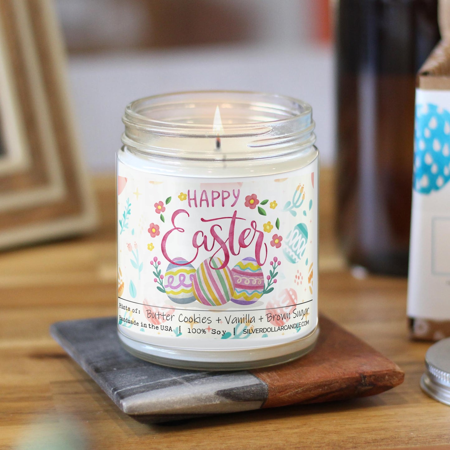 Happy Easter Scented Candle - Sweet Sugar Cookie Scent - Handmade Soy Wax Candle, 9oz - Sweet Sugar Cookie Scent - Silver Dollar Candle Co all natural soy candle