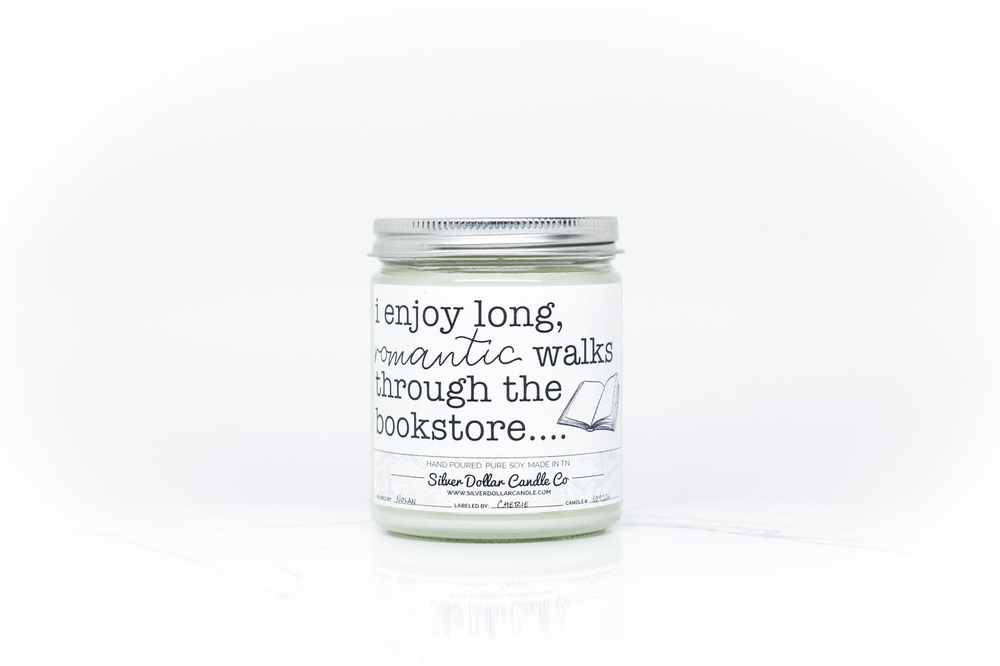 'I Enjoy Long Walks Through The Bookstore' Book Candle - 9/16oz 100% All - Natural Handmade Soy Wax Candle - Silver Dollar Candle Co all natural soy candle