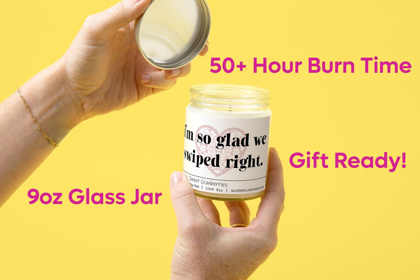 'I’m so glad we swiped right' Love Candle - 9oz Scented Soy Candle | Hand - Poured, Eco - Friendly | SD Candle - Silver Dollar Candle Co all natural soy candle