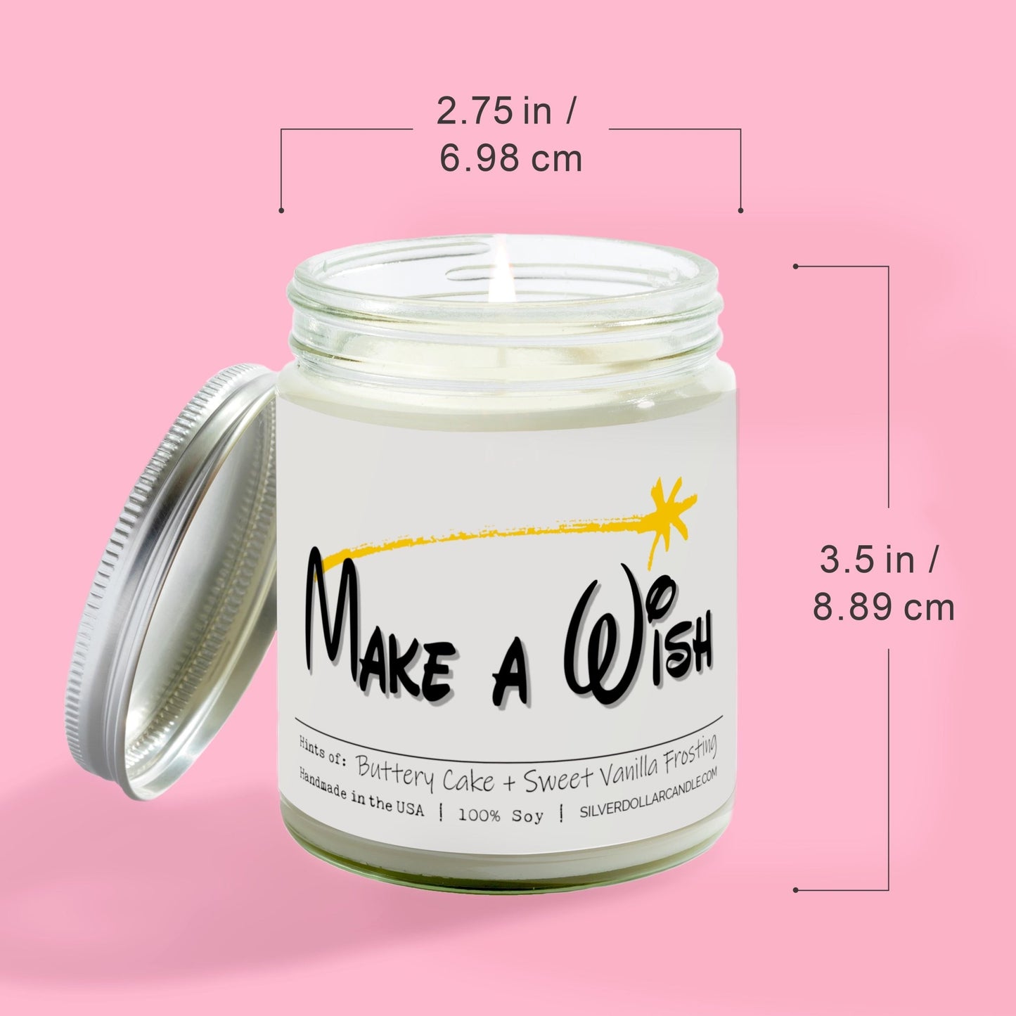 'Make A Wish' Birthday Candle - 9oz All Natural Soy Wax Candle, Essence of Sweet Vanilla & Buttery Cake, Cotton Wick, in Recyclable Glass - Silver Dollar Candle Co all natural soy candle