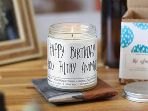 'Happy Birthday You Filthy Animal' - Handmade Soy Wax Candle, 9oz Maple Bacon & Bourbon Scent, Eco-Friendly Cotton Wick, 40-55 Hours Burn, Recyclable Glass