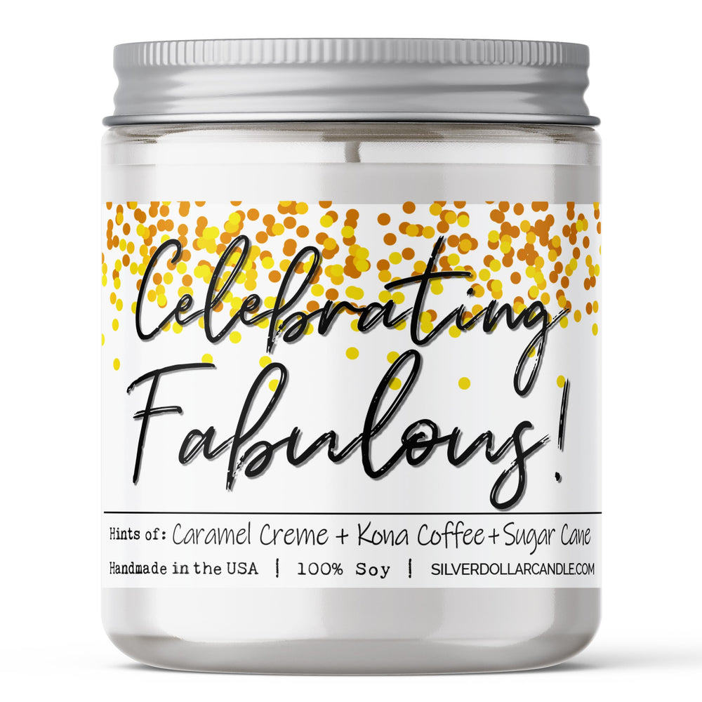 'Celebrating Fabulous!' 9oz Soy Wax Candle with Brazilian Coffee, Citron Peel, Caramel, Sugar Cane Notes