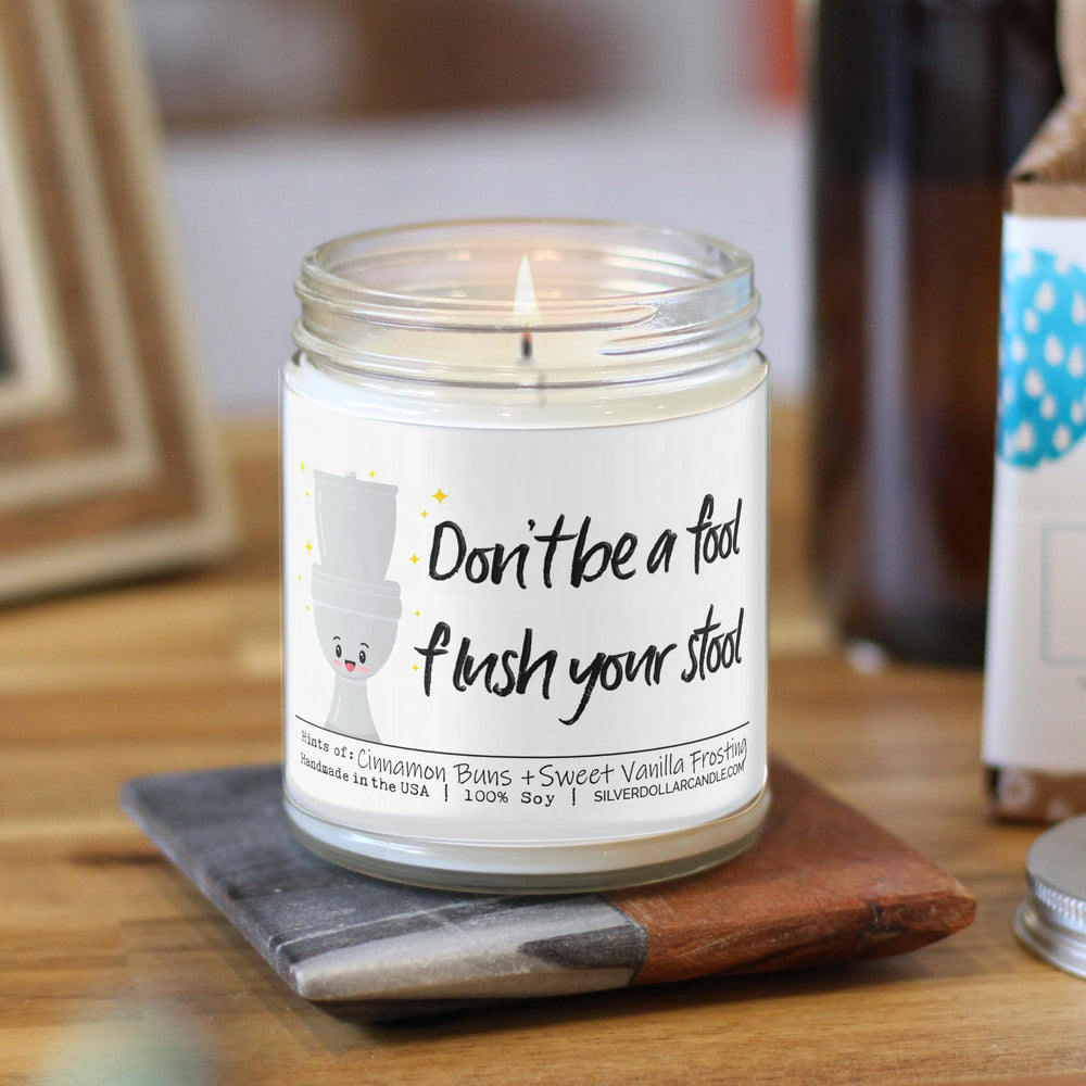 'Don’t be a fool, flush your stool' Bathroom Candle - Cinnabomb Scented Candle | 9oz All-Natural Soy Wax & Cotton Wick | Warm Cinnamon & Vanilla Aroma | Eco-Friendly Glass Jar