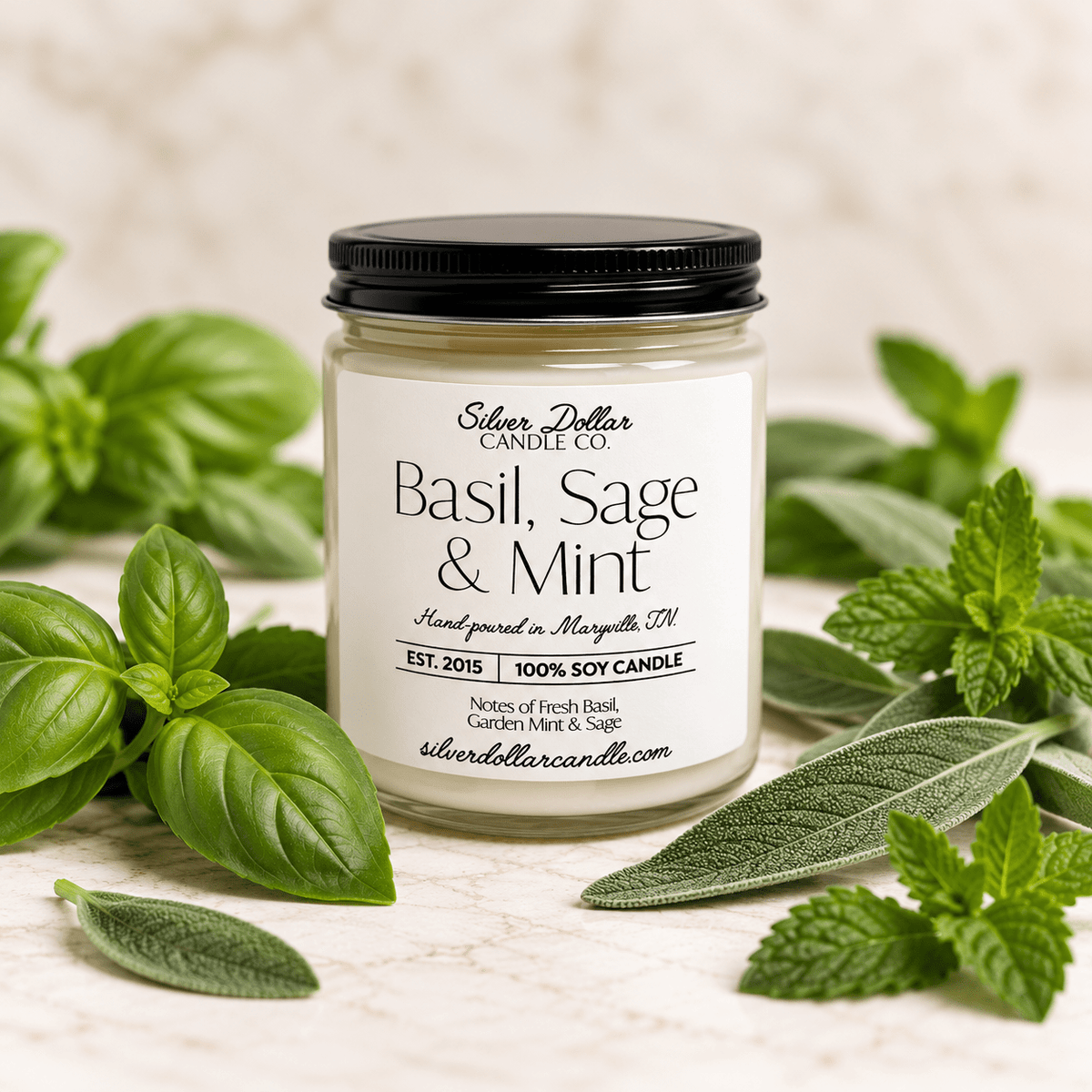 Basil, Sage & Mint Soy Candle | 9 oz Clear Glass Jar | Silver or Black Lid | Hand-Poured in Tennessee - Silver Dollar Candleworks all natural soy candle