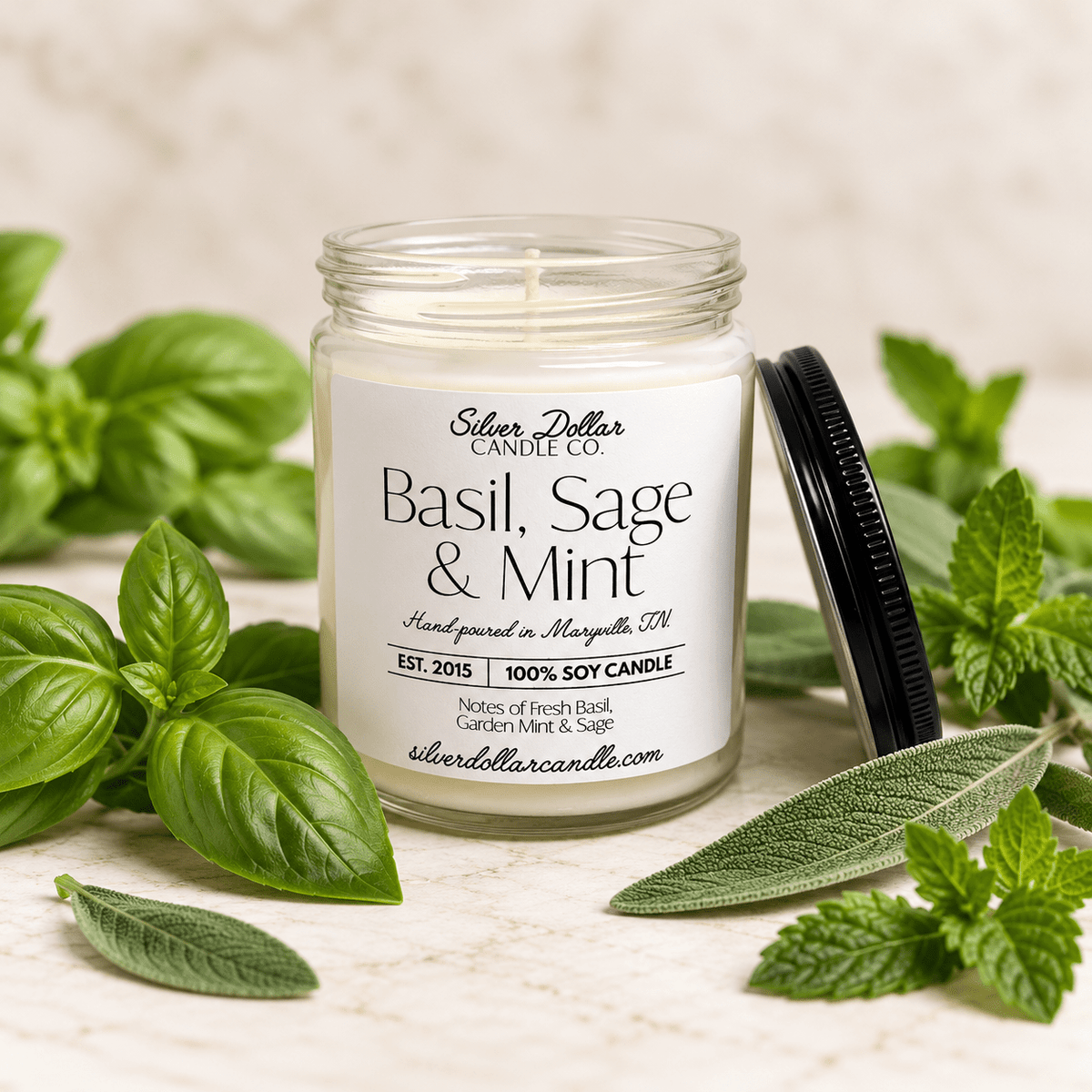 Basil, Sage & Mint Soy Candle | 9 oz Clear Glass Jar | Silver or Black Lid | Hand-Poured in Tennessee - Silver Dollar Candleworks all natural soy candle
