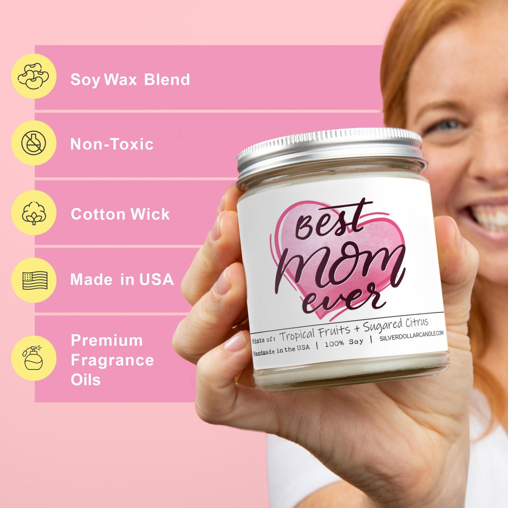 
                  
                    'Best Mom Ever' Candle for Mom - Tropical Fruits & Sugared Citrus Aroma, Long Burn Time - 9/16oz 100% All - Natural Handmade Soy Wax Candle - Silver Dollar Candle Co all natural soy candle
                  
                