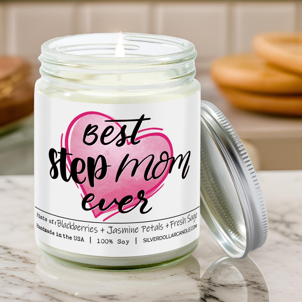 
                  
                    Best Stepmom Ever - 9oz Handmade Soy Wax Candle, Blackberry Jam Essence with Jasmine & Sage, Sustainably Crafted Gift, Proudly Produced in the USA - Silver Dollar Candle Co all natural soy candle
                  
                