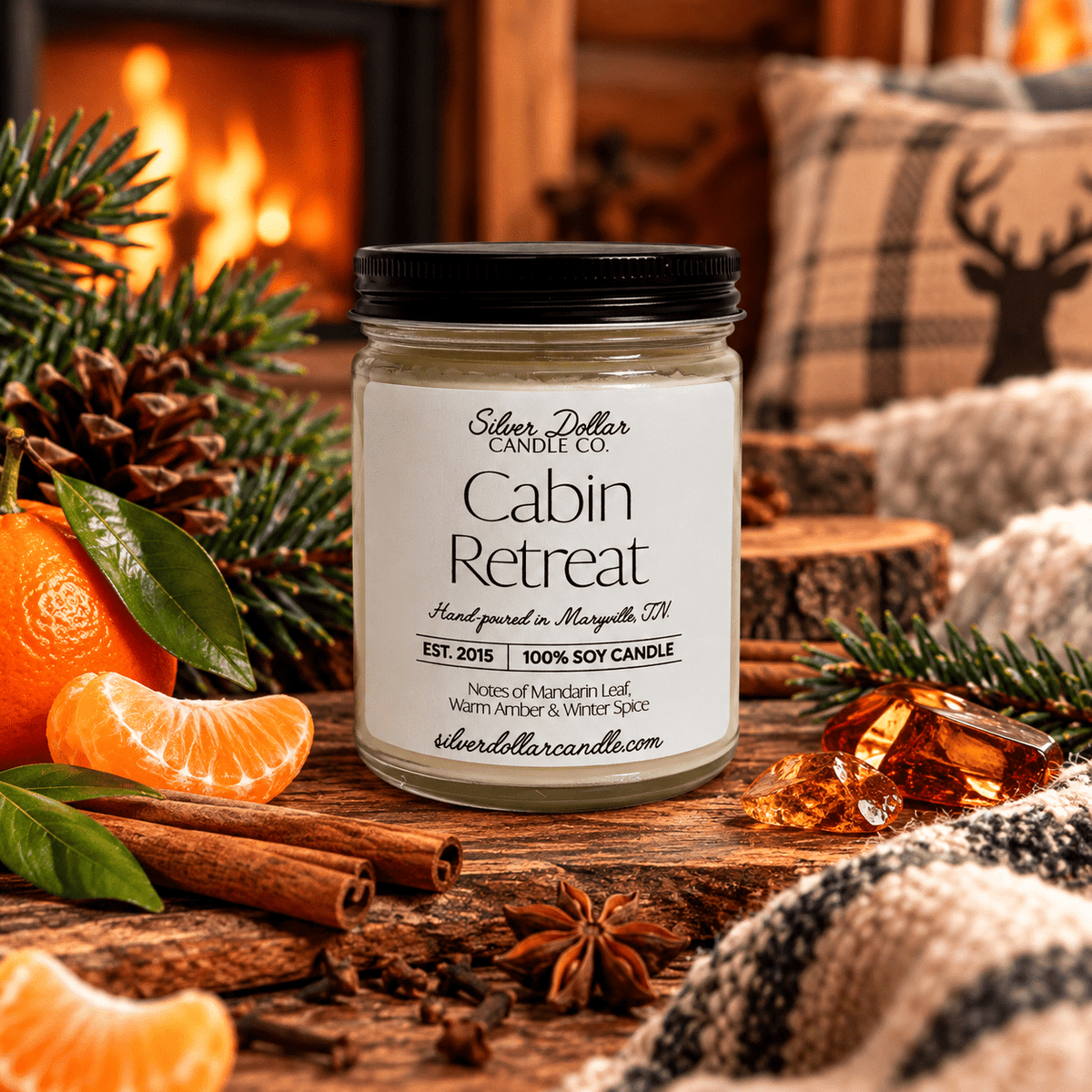 Cabin Retreat Soy Candle | 9oz Warm Amber & Winter Spice Scent | Hand-Poured in Tennessee | Silver or Black Lid - Silver Dollar Candleworks all natural soy candle