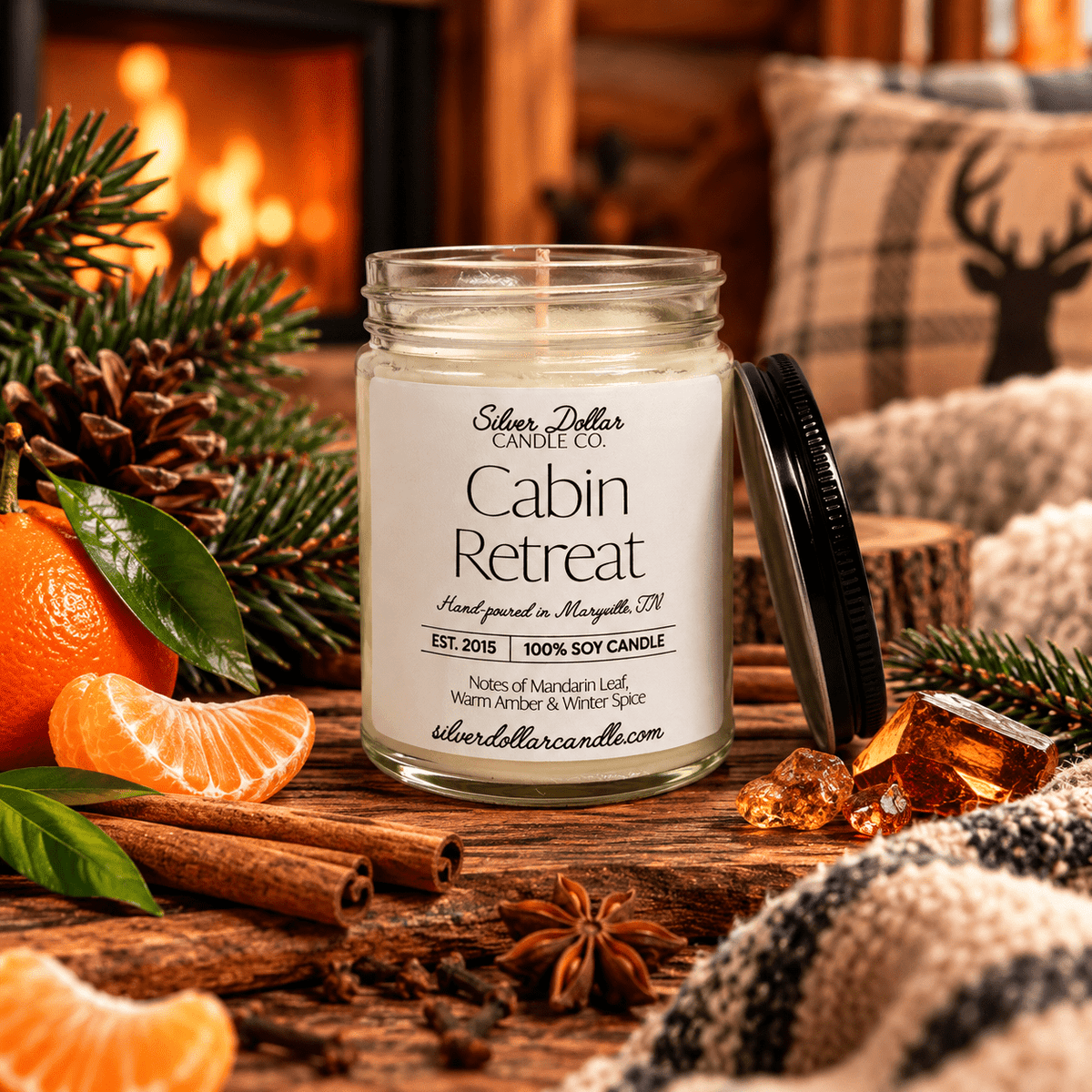 Cabin Retreat Soy Candle | 9oz Warm Amber & Winter Spice Scent | Hand-Poured in Tennessee | Silver or Black Lid - Silver Dollar Candleworks all natural soy candle