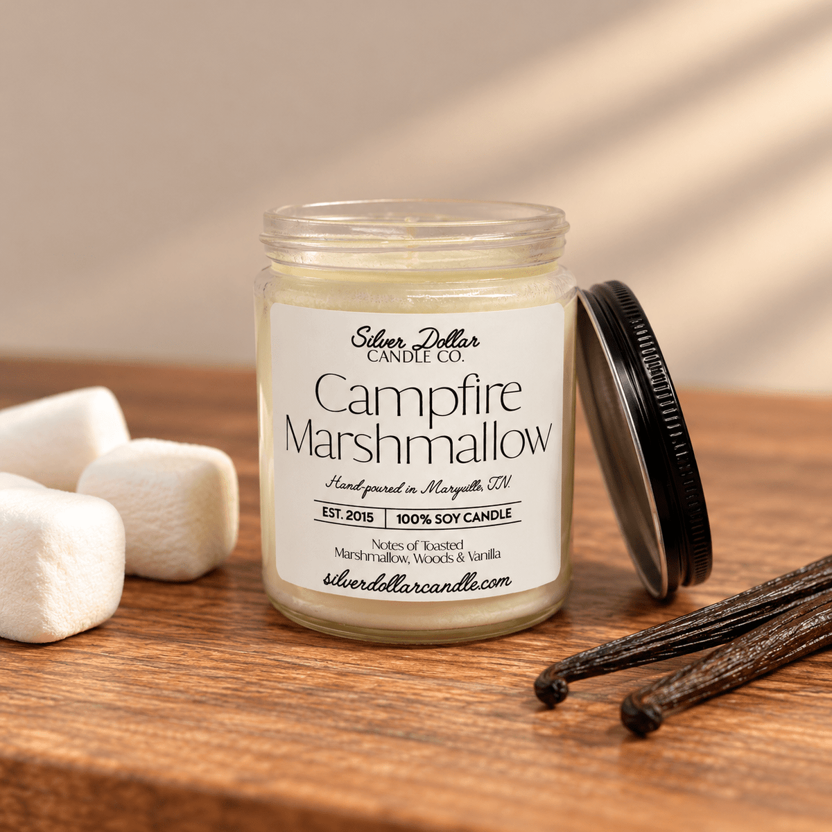 Campfire Marshmallow Soy Candle | 9oz Toasted Marshmallow, Woods & Vanilla Scent | Hand-Poured Candle - Silver Dollar Candleworks all natural soy candle