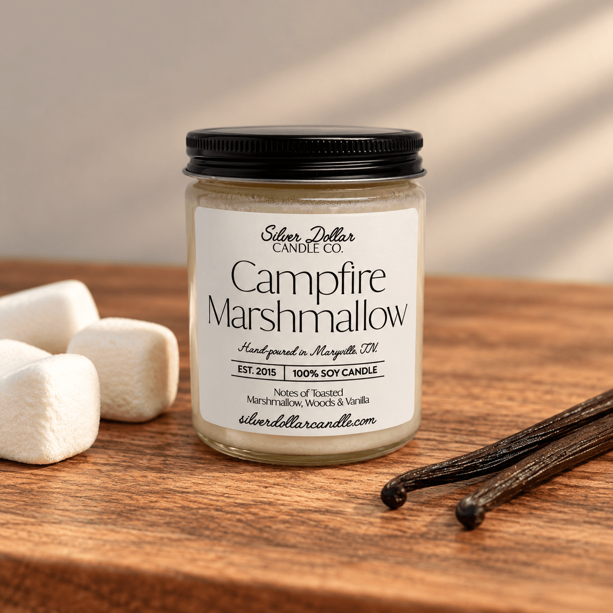 Campfire Marshmallow Soy Candle | 9oz Toasted Marshmallow, Woods & Vanilla Scent | Hand-Poured Candle - Silver Dollar Candleworks all natural soy candle