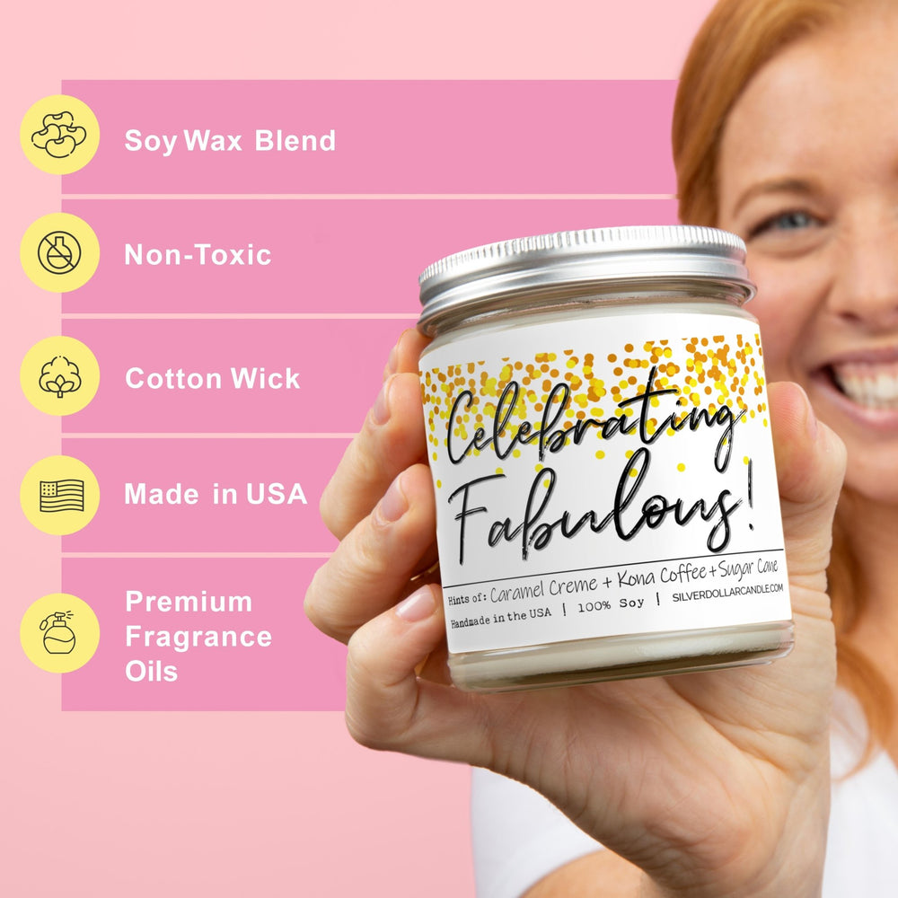 'Celebrating Fabulous!' 9oz Soy Wax Candle with Brazilian Coffee, Citron Peel, Caramel, Sugar Cane Notes - Silver Dollar Candle Co all natural soy candle