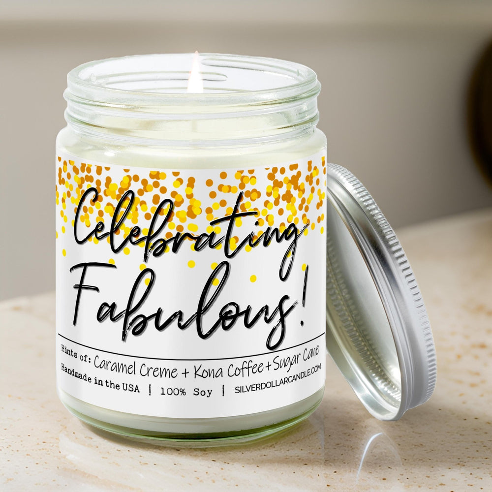 
                  
                    'Celebrating Fabulous!' 9oz Soy Wax Candle with Brazilian Coffee, Citron Peel, Caramel, Sugar Cane Notes - Silver Dollar Candle Co all natural soy candle
                  
                