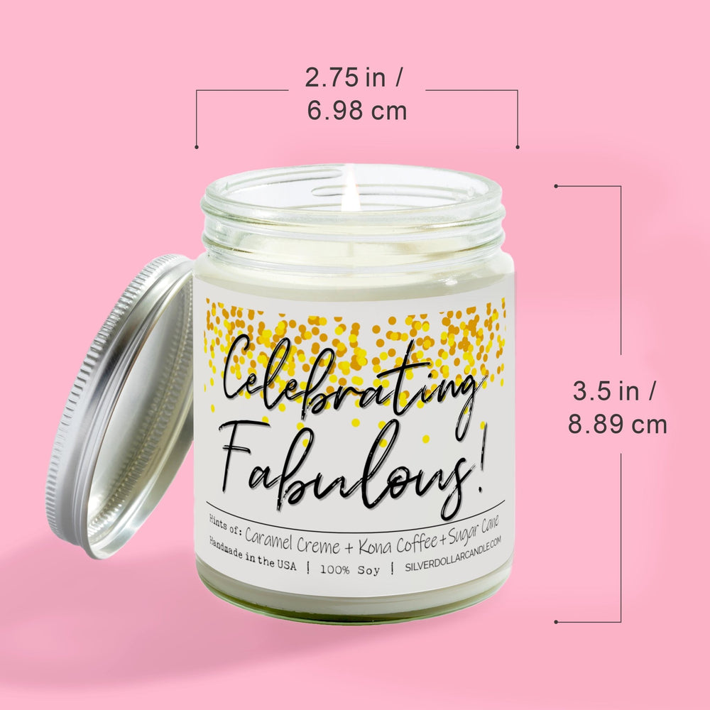 
                  
                    'Celebrating Fabulous!' 9oz Soy Wax Candle with Brazilian Coffee, Citron Peel, Caramel, Sugar Cane Notes - Silver Dollar Candle Co all natural soy candle
                  
                