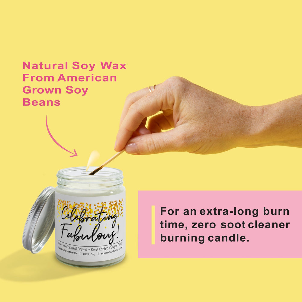 
                  
                    'Celebrating Fabulous!' 9oz Soy Wax Candle with Brazilian Coffee, Citron Peel, Caramel, Sugar Cane Notes - Silver Dollar Candle Co all natural soy candle
                  
                