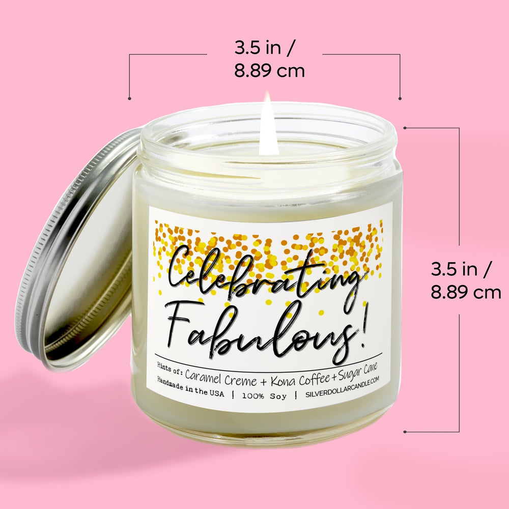 
                  
                    'Celebrating Fabulous!' 9oz Soy Wax Candle with Brazilian Coffee, Citron Peel, Caramel, Sugar Cane Notes - Silver Dollar Candle Co all natural soy candle
                  
                