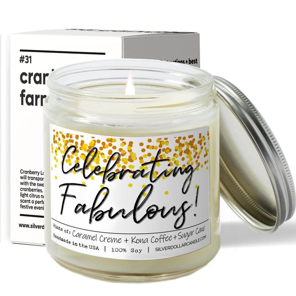 
                  
                    'Celebrating Fabulous!' 9oz Soy Wax Candle with Brazilian Coffee, Citron Peel, Caramel, Sugar Cane Notes - Silver Dollar Candle Co all natural soy candle
                  
                