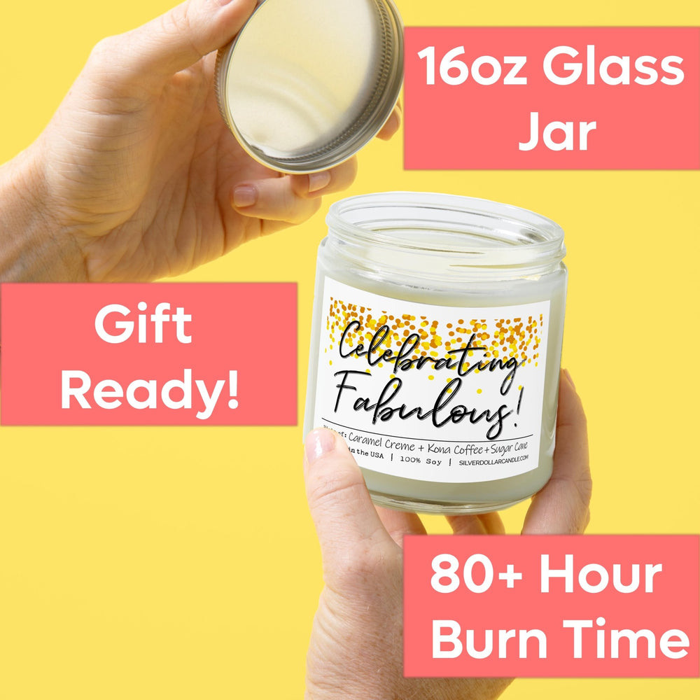 
                  
                    'Celebrating Fabulous!' 9oz Soy Wax Candle with Brazilian Coffee, Citron Peel, Caramel, Sugar Cane Notes - Silver Dollar Candle Co all natural soy candle
                  
                