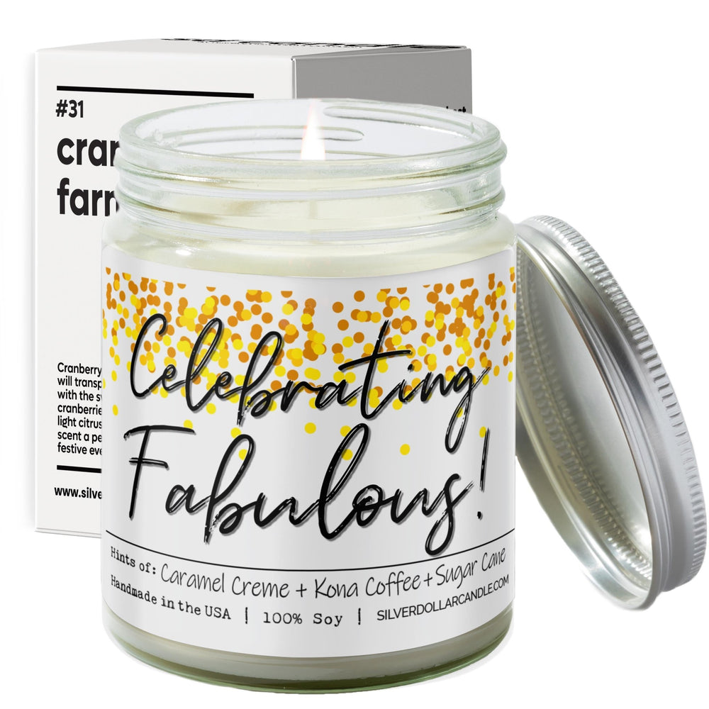 
                  
                    'Celebrating Fabulous!' 9oz Soy Wax Candle with Brazilian Coffee, Citron Peel, Caramel, Sugar Cane Notes - Silver Dollar Candle Co all natural soy candle
                  
                