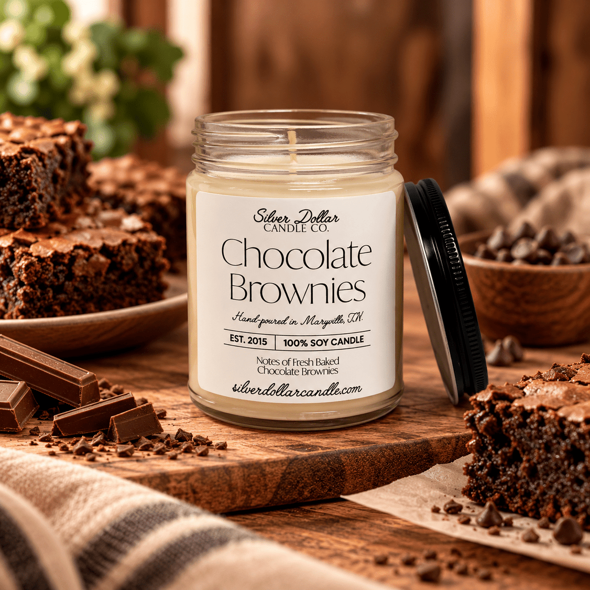 Chocolate Brownies Soy Candle | 9oz Fresh Baked Chocolate Scent | 100% Soy Wax | Cotton Wick | Silver or Black Lid61 | Chocolate Brownie Scented Candle - 9/16oz 100% All-Natural Handmade Soy Wax Candle - Silver Dollar Candleworks all natural soy candle