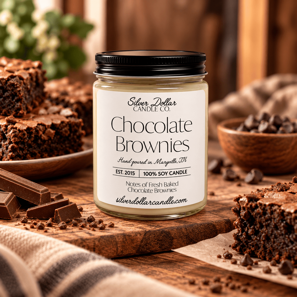 Chocolate Brownies Soy Candle | 9oz Fresh Baked Chocolate Scent | 100% Soy Wax | Cotton Wick | Silver or Black Lid61 | Chocolate Brownie Scented Candle - 9/16oz 100% All-Natural Handmade Soy Wax Candle - Silver Dollar Candleworks all natural soy candle