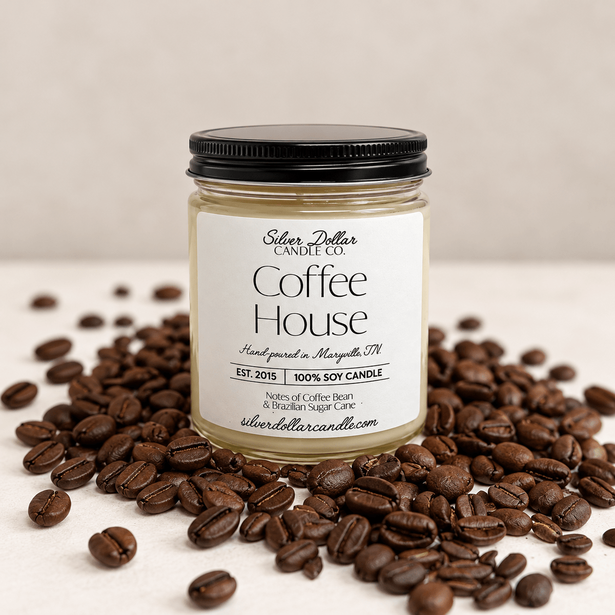 Coffee House Soy Candle | 9 oz Clear Glass Jar | Silver or Black Lid - Silver Dollar Candleworks all natural soy candle