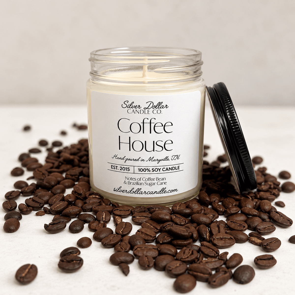 Coffee House Soy Candle | 9 oz Clear Glass Jar | Silver or Black Lid - Silver Dollar Candleworks all natural soy candle