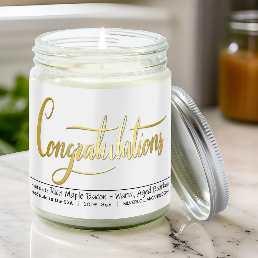 
                  
                    Congratulations! - 9oz Hand - Poured Soy Wax Candle, Maple Bacon & Bourbon Scent, Veteran Owned, Eco - Friendly Packaging - Silver Dollar Candle Co all natural soy candle
                  
                