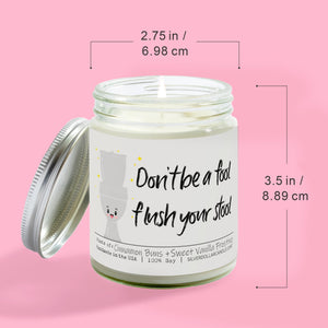 'Don’t be a fool, flush your stool' Bathroom Candle - Cinnabomb Scented Candle | 9oz All - Natural Soy Wax & Cotton Wick | Warm Cinnamon & Vanilla Aroma | Eco - Friendly Glass Jar - Silver Dollar Candle Co all natural soy candle