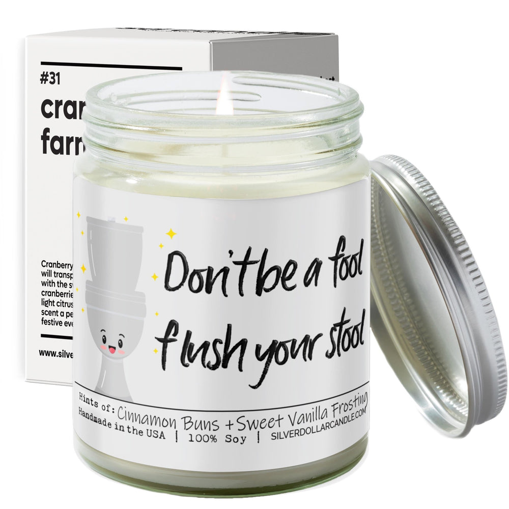 
                  
                    'Don’t be a fool, flush your stool' Bathroom Candle - Cinnabomb Scented Candle | 9oz All - Natural Soy Wax & Cotton Wick | Warm Cinnamon & Vanilla Aroma | Eco - Friendly Glass Jar - Silver Dollar Candle Co all natural soy candle
                  
                