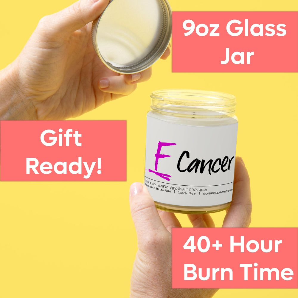 
                  
                    F Cancer Candle - Warm Aromatic Vanilla Scented Candle - Hand - Poured 9oz Soy Wax with Cotton Wick - Sweet, Comforting Vanilla with Caramel Notes - Silver Dollar Candle Co all natural soy candle
                  
                