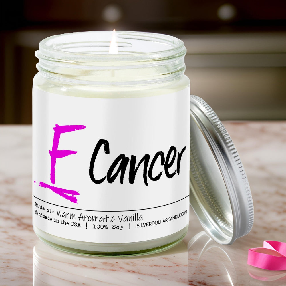 
                  
                    F Cancer Candle - Warm Aromatic Vanilla Scented Candle - Hand - Poured 9oz Soy Wax with Cotton Wick - Sweet, Comforting Vanilla with Caramel Notes - Silver Dollar Candle Co all natural soy candle
                  
                