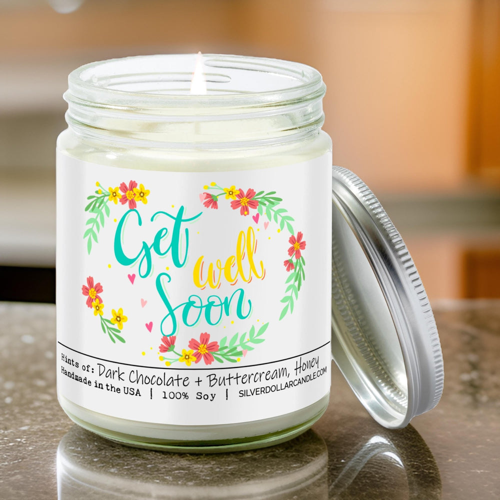 
                  
                    Get Well Soon Candle - 9oz Soy Wax Candle, Handcrafted with Cotton Wick, Chocolate Brownie Fragrance, Eco - Friendly Packaging - Silver Dollar Candle Co all natural soy candle
                  
                