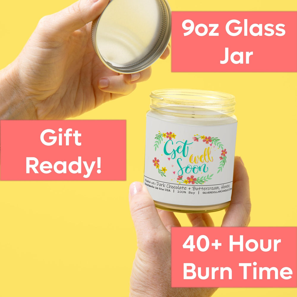 
                  
                    Get Well Soon Candle - 9oz Soy Wax Candle, Handcrafted with Cotton Wick, Chocolate Brownie Fragrance, Eco - Friendly Packaging - Silver Dollar Candle Co all natural soy candle
                  
                