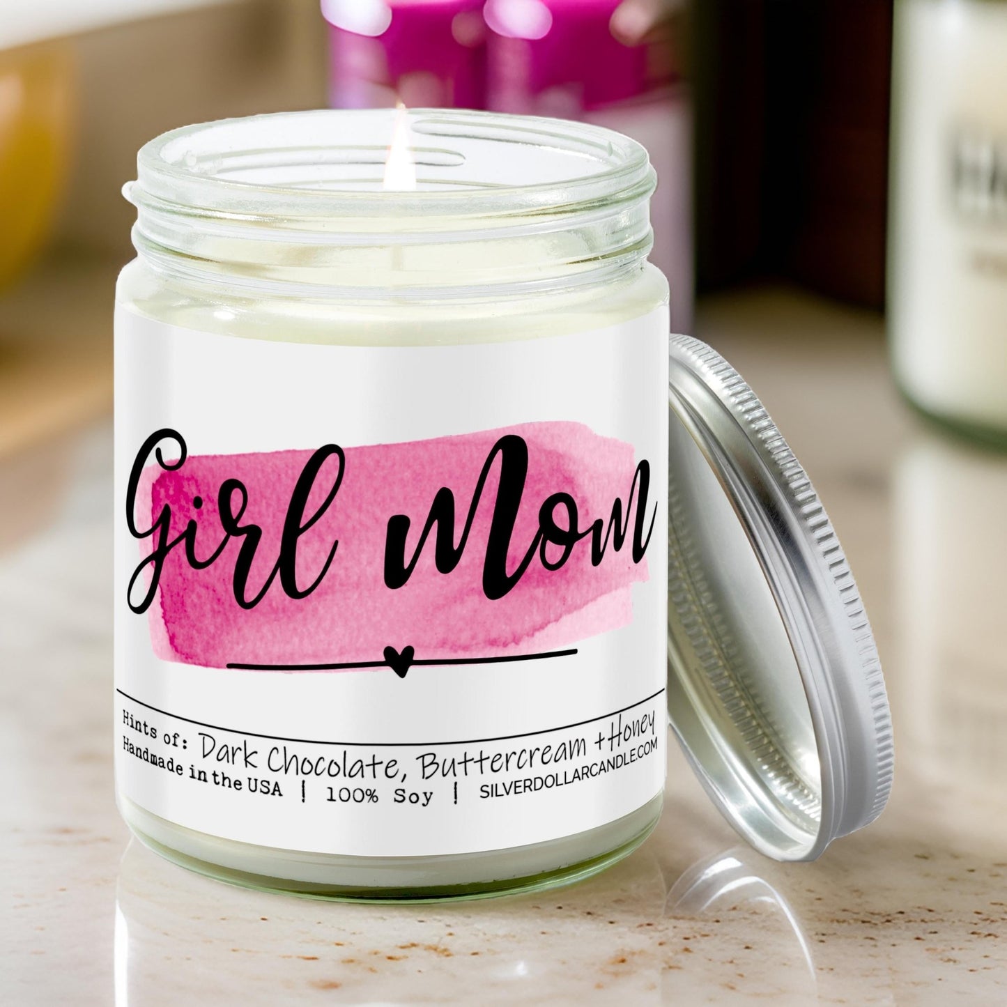 'Girl Mom' Candle for Mom - 9oz Handmade Soy Candle by SD Candle, Chocolate Brownie Scent with Honey & Vanilla Notes, Eco - Friendly, Lead - Free Cotton Wick - Silver Dollar Candle Co all natural soy candle