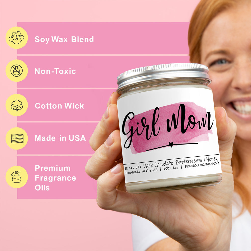 'Girl Mom' Candle for Mom - 9oz Handmade Soy Candle by SD Candle, Chocolate Brownie Scent with Honey & Vanilla Notes, Eco - Friendly, Lead - Free Cotton Wick - Silver Dollar Candle Co all natural soy candle