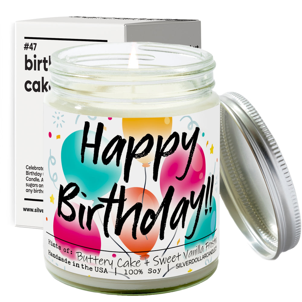 
                  
                    Happy Birthday Candle - Birthday Cake Scented Candle - Sweet Vanilla & Buttery Cake Scent for a Joyful Ambiance - 9/16oz 100% All - Natural Handmade Soy Wax Candle - Silver Dollar Candle Co all natural soy candle
                  
                