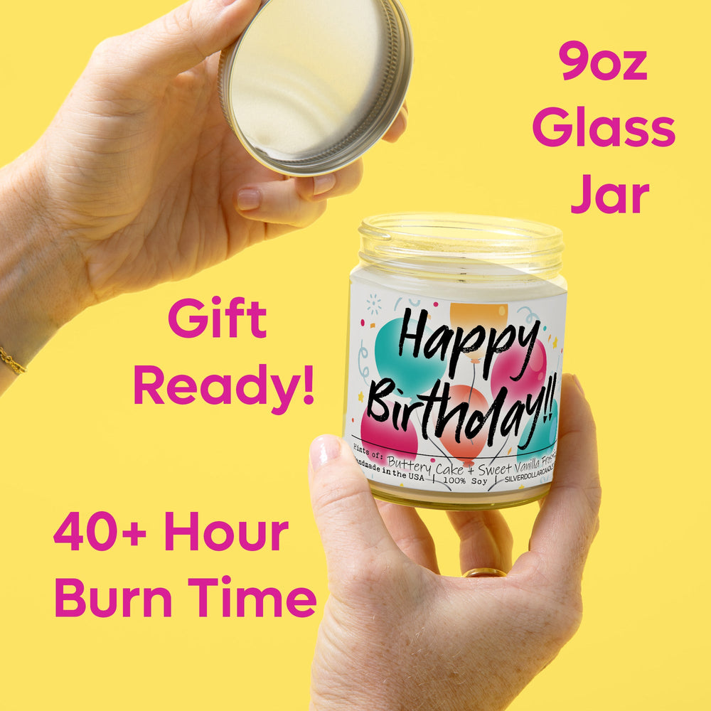 
                  
                    Happy Birthday Candle - Birthday Cake Scented Candle - Sweet Vanilla & Buttery Cake Scent for a Joyful Ambiance - 9/16oz 100% All - Natural Handmade Soy Wax Candle - Silver Dollar Candle Co all natural soy candle
                  
                