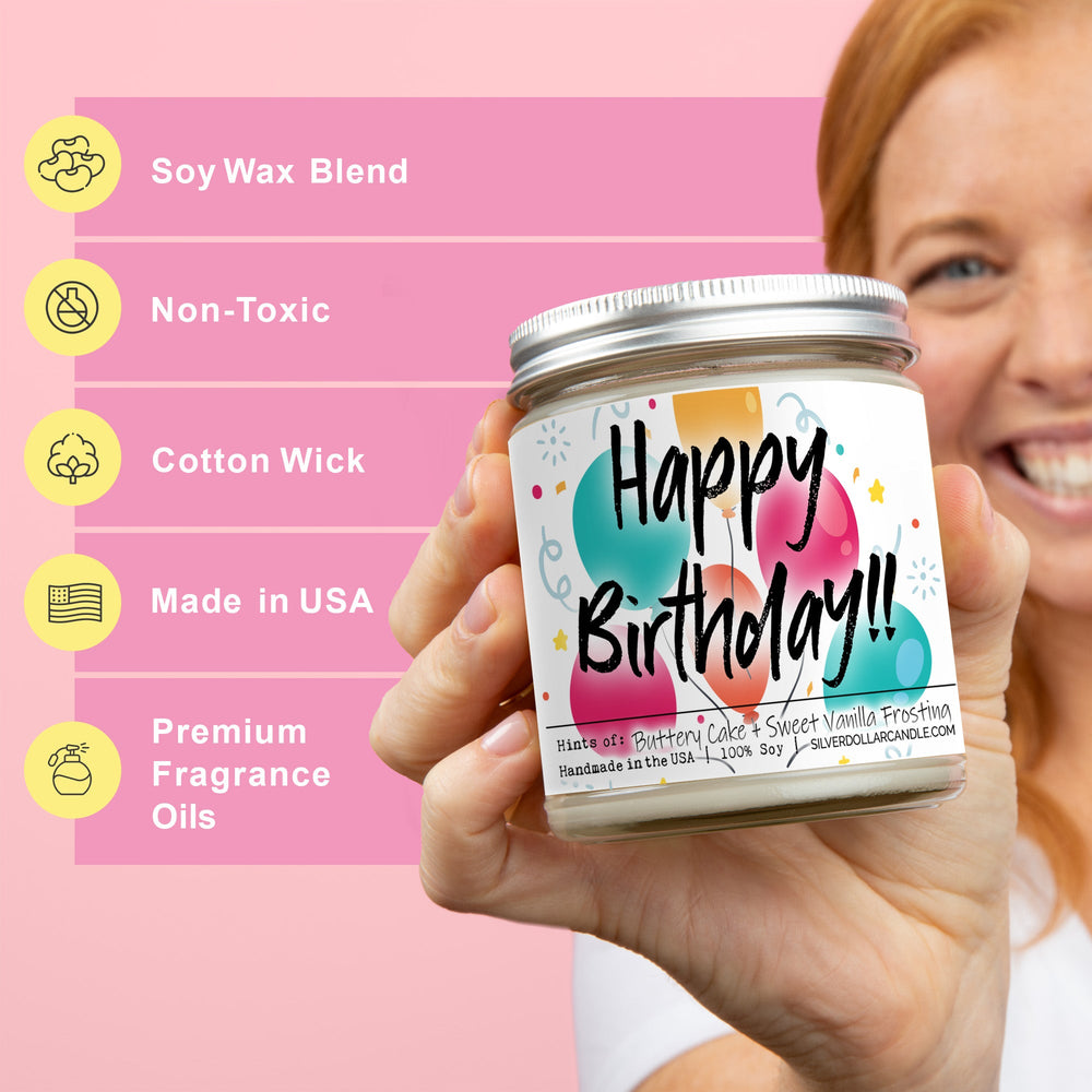 
                  
                    Happy Birthday Candle - Birthday Cake Scented Candle - Sweet Vanilla & Buttery Cake Scent for a Joyful Ambiance - 9/16oz 100% All - Natural Handmade Soy Wax Candle - Silver Dollar Candle Co all natural soy candle
                  
                