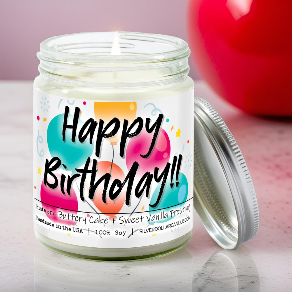 Happy Birthday Candle - Birthday Cake Scented Candle - Sweet Vanilla & Buttery Cake Scent for a Joyful Ambiance - 9/16oz 100% All - Natural Handmade Soy Wax Candle - Silver Dollar Candle Co all natural soy candle