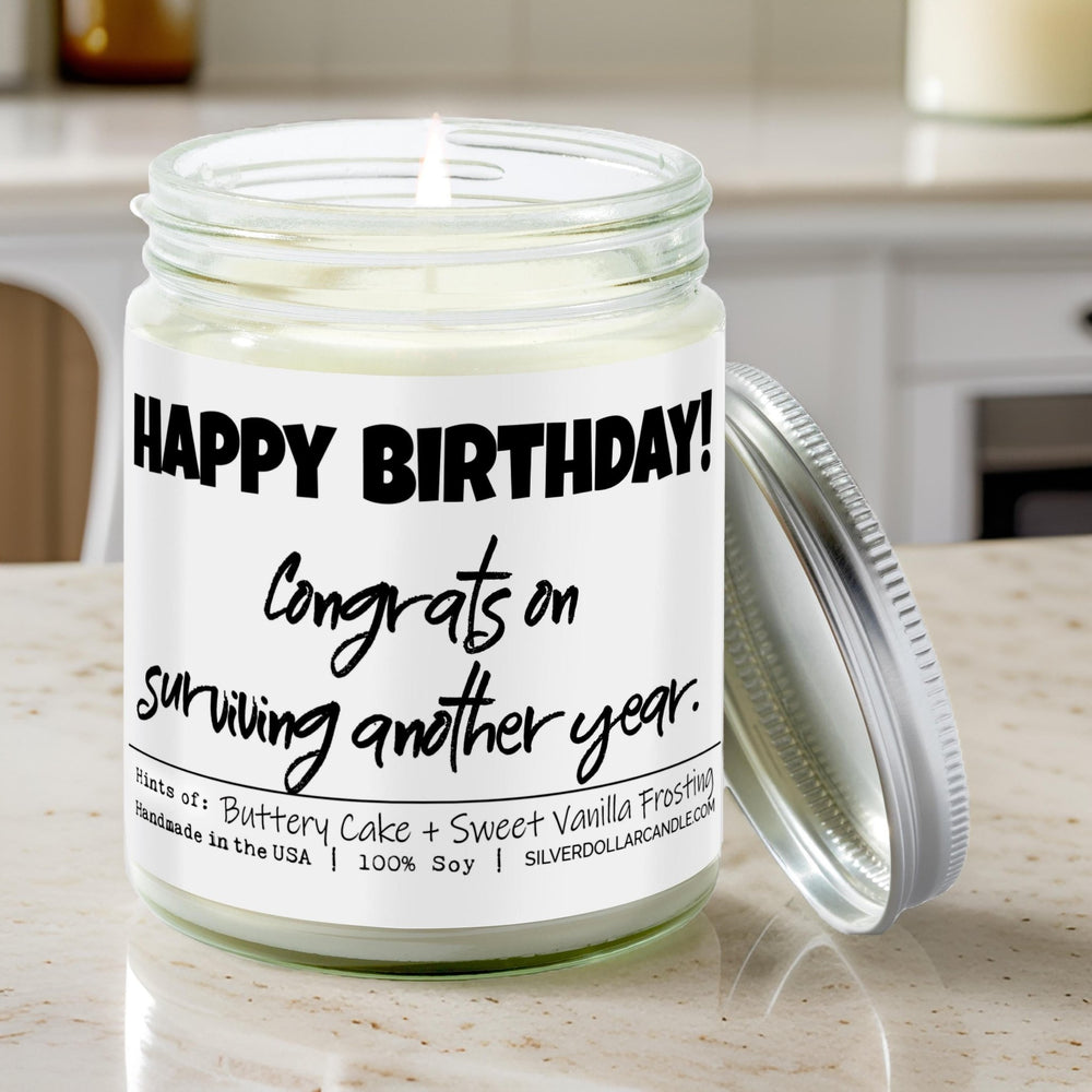 
                  
                    'Happy Birthday! Congrats on surviving another year' - All Natural 9oz Birthday Cake Soy Wax Candle, Sweet Vanilla Frosting & Buttery Cake Aroma, Handcrafted - Silver Dollar Candle Co all natural soy candle
                  
                