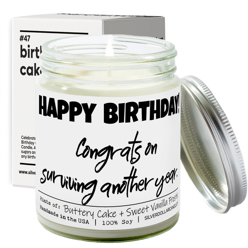 
                  
                    'Happy Birthday! Congrats on surviving another year' - All Natural 9oz Birthday Cake Soy Wax Candle, Sweet Vanilla Frosting & Buttery Cake Aroma, Handcrafted - Silver Dollar Candle Co all natural soy candle
                  
                