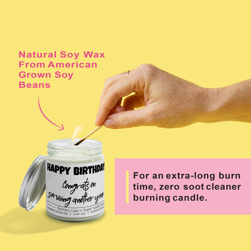 
                  
                    'Happy Birthday! Congrats on surviving another year' - All Natural 9oz Birthday Cake Soy Wax Candle, Sweet Vanilla Frosting & Buttery Cake Aroma, Handcrafted - Silver Dollar Candle Co all natural soy candle
                  
                