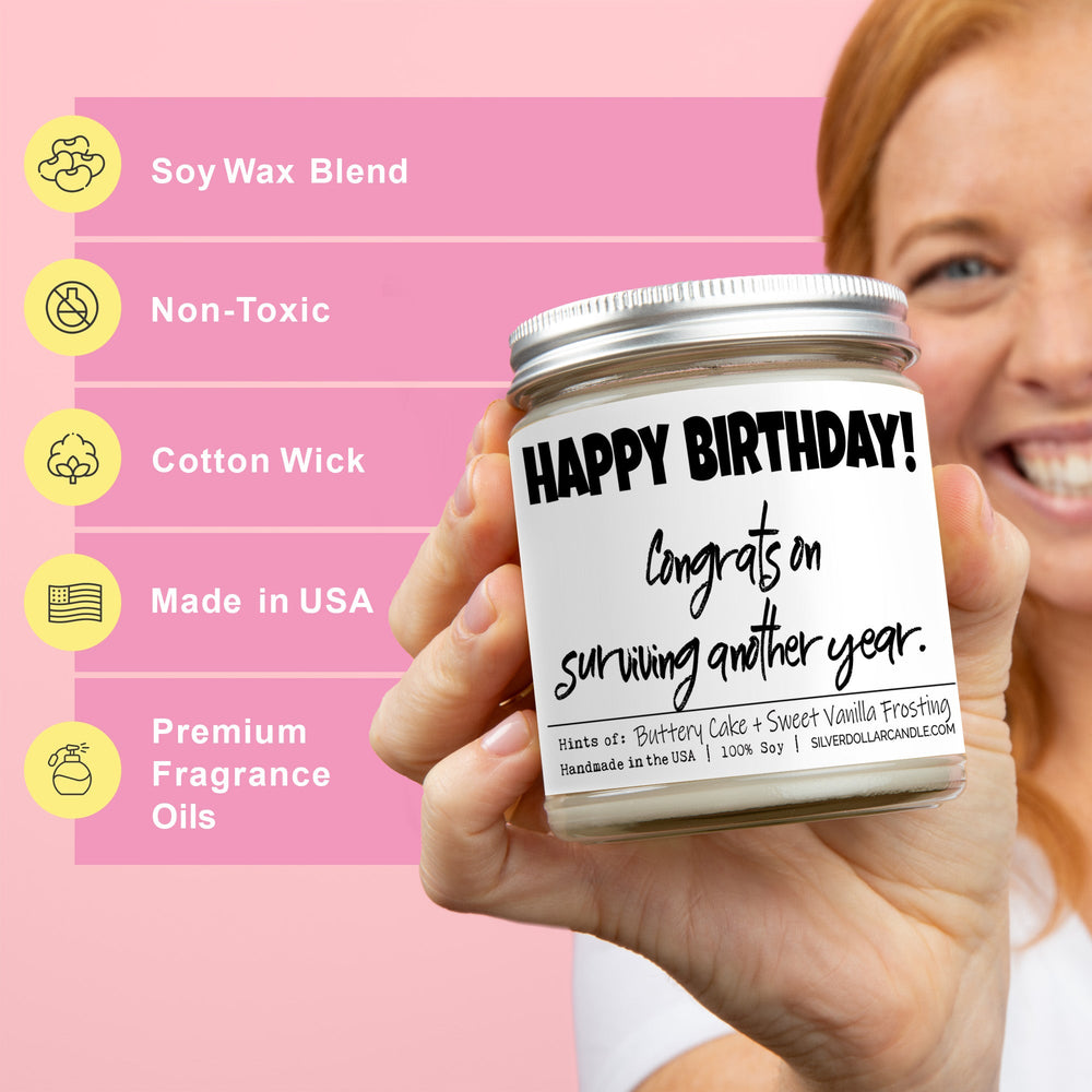 
                  
                    'Happy Birthday! Congrats on surviving another year' - All Natural 9oz Birthday Cake Soy Wax Candle, Sweet Vanilla Frosting & Buttery Cake Aroma, Handcrafted - Silver Dollar Candle Co all natural soy candle
                  
                