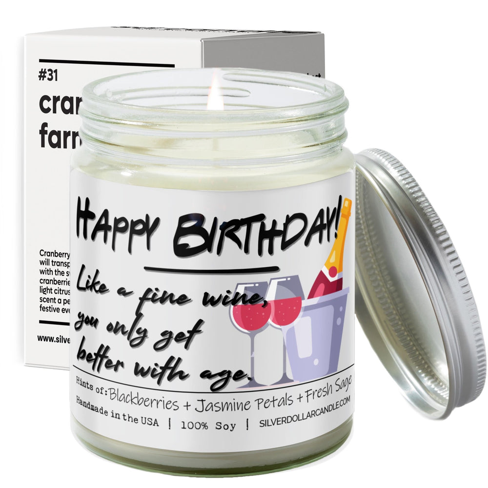 
                  
                    'Happy Birthday! Like fine wine, you only get better with age' - 9oz Handmade Soy Wax Candle - Blackberry Jam Scented with Blackberries, Jasmine & Sage Scent - Silver Dollar Candle Co all natural soy candle
                  
                