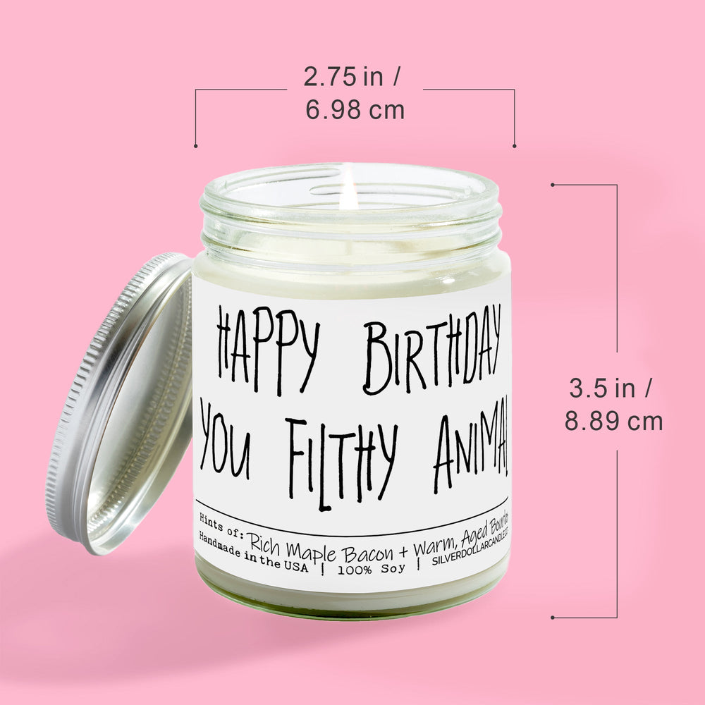 
                  
                    'Happy Birthday You Filthy Animal' - Handmade Soy Wax Candle, 9oz Maple Bacon & Bourbon Scent, Eco - Friendly Cotton Wick, 40 - 55 Hours Burn, Recyclable Glass - Silver Dollar Candle Co all natural soy candle
                  
                