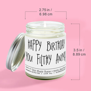 'Happy Birthday You Filthy Animal' - Handmade Soy Wax Candle, 9oz Maple Bacon & Bourbon Scent, Eco - Friendly Cotton Wick, 40 - 55 Hours Burn, Recyclable Glass - Silver Dollar Candle Co all natural soy candle